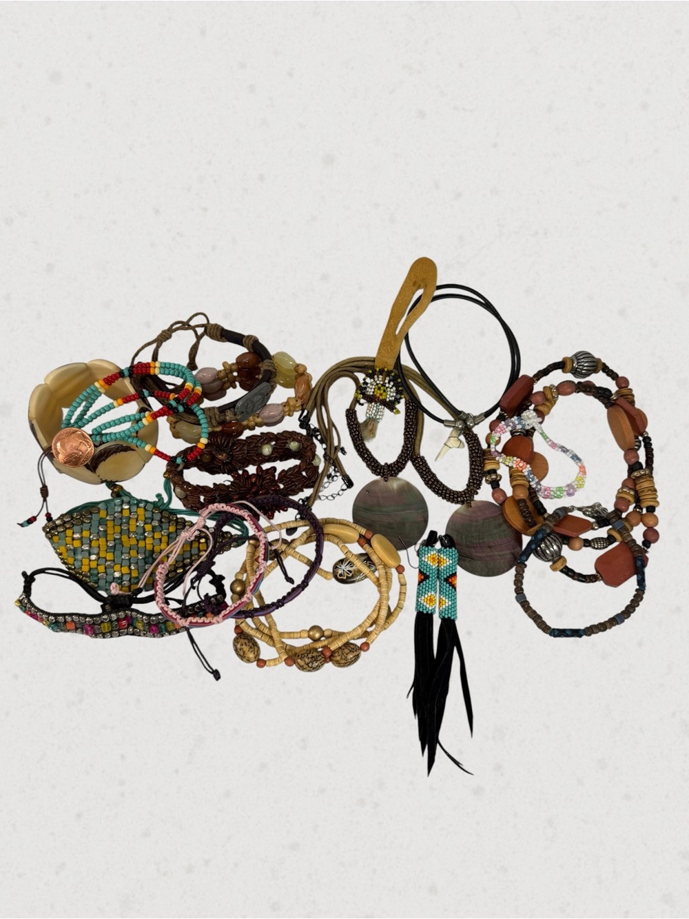 17 Piece Jewelry Lot Wearable Seed Bead Necklace Bracelet Wood Native Doll Boho